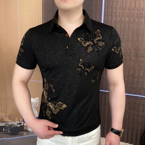 Summer new men's short-sleeved T-shirt, fashionable lapel, slim fit, diamond and butterfly embroidered half-sleeved top for men