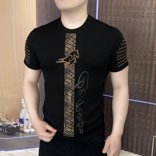Summer's new men's diamond-encrusted Golden Horse Galloping short-sleeved T-shirt, fashionable round-neck, form-fitting and elastic short-sleeved top