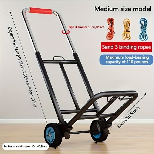 Heavy-duty foldable trolley with rubber wheels - sturdy metal frame, comfortable foam handle, 10-pound load for easy handling and storage of shopping and luggage