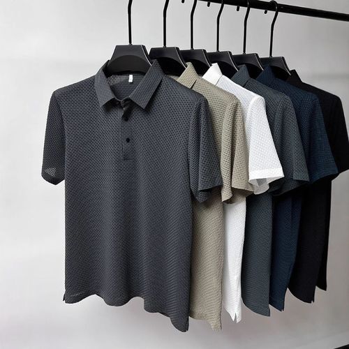 A high-end short-sleeved polo shirt for men in summer 2025, featuring a stylish lapel casual top