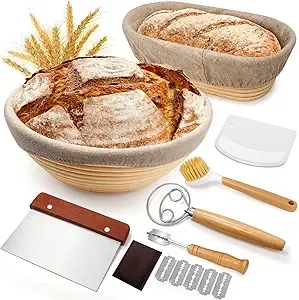 Proving Basket Gift Set, Includes Oval Bread Proofing Basket, Danish Beater, Bowl Scraper, Proving Basket Scraper and Iinen liner