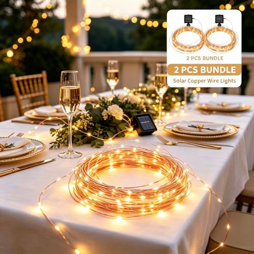 Solar Warm‑White Copper Wire Fairy Lights, Waterproof LED String Light for Home Garden & Power Failure Emergency. (Better savings for 2‑pcs bundle)