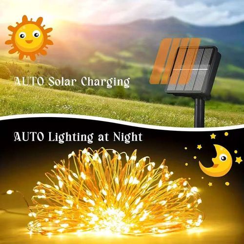 Solar Warm‑White Copper Wire Fairy Lights, Waterproof LED String Light for Home Garden & Power Failure Emergency. (Better savings for 2‑pcs bundle)