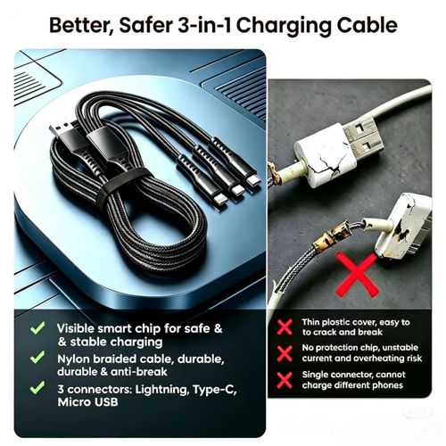 3-in-1 Multi Charging Cable, 20 Pieces Minimum Order, USB Charger Cord for Lightning Type C Micro USB Phones