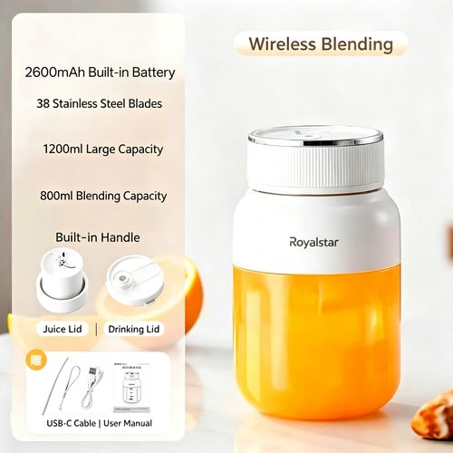 Royalstar Portable USB Rechargeable Juicer Cup, Mini Electric Fruit Blender, Long Battery Life Smoothie Mixer for Home Travel Outdoor