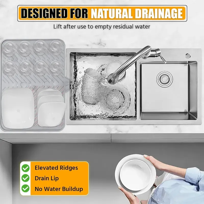 Silicone Large Size Dish Drying Mat with Built-in Drain Lip Dish Drainer Mats for Kitchen Counter Easy-Clean High