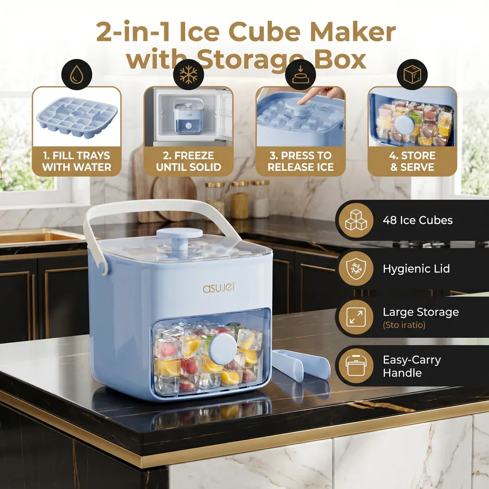 2-in-1 Ice Cube Maker with Storage Box – 48 Ice Cubes, Dual Design