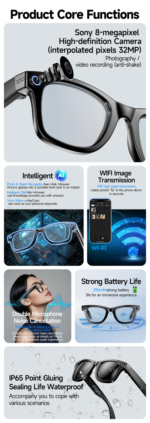 AI-powered smart translation glasses (transparent lenses + sunglasses lenses)