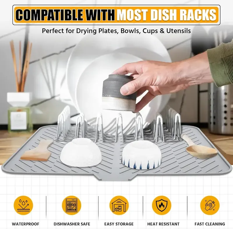 Silicone Large Size Dish Drying Mat with Built-in Drain Lip Dish Drainer Mats for Kitchen Counter Easy-Clean High