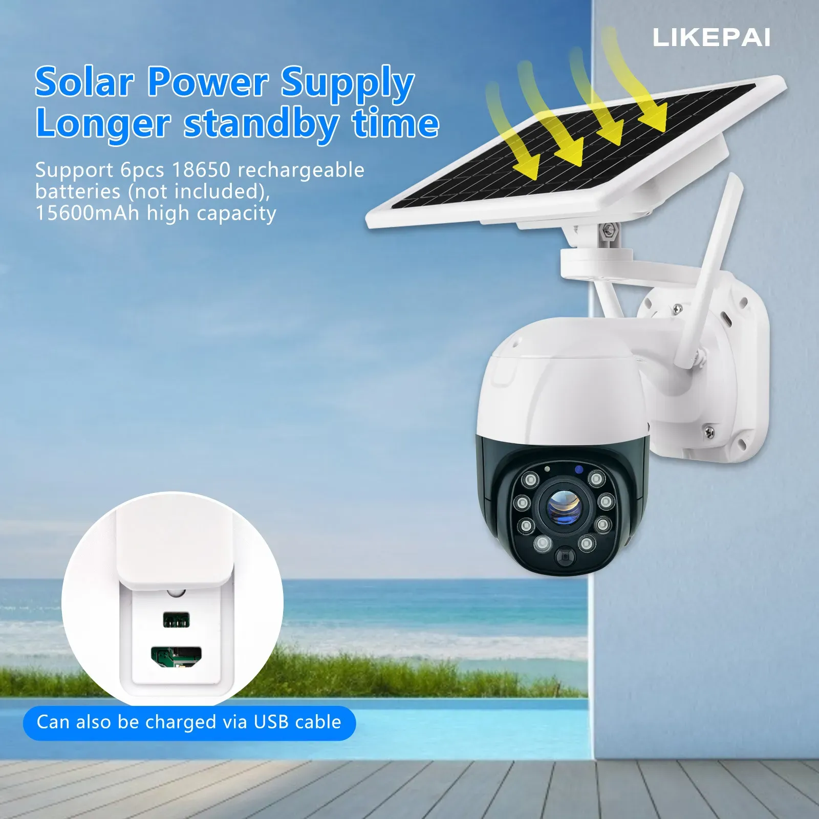 Wireless solar-powered surveillance camera records video in a loop for 15 days