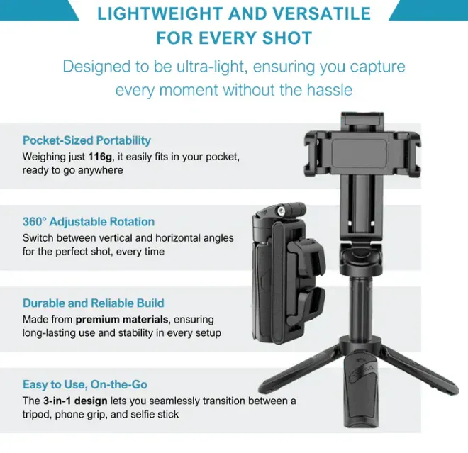 3-in-1 Mini Selfie Stick – Tripod, Stabilizer, Bluetooth in One!