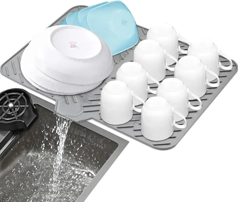 Silicone Large Size Dish Drying Mat with Built-in Drain Lip Dish Drainer Mats for Kitchen Counter Easy-Clean High