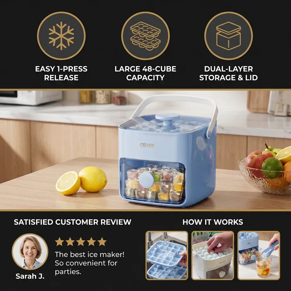 2-in-1 Ice Cube Maker with Storage Box – 48 Ice Cubes, Dual Design