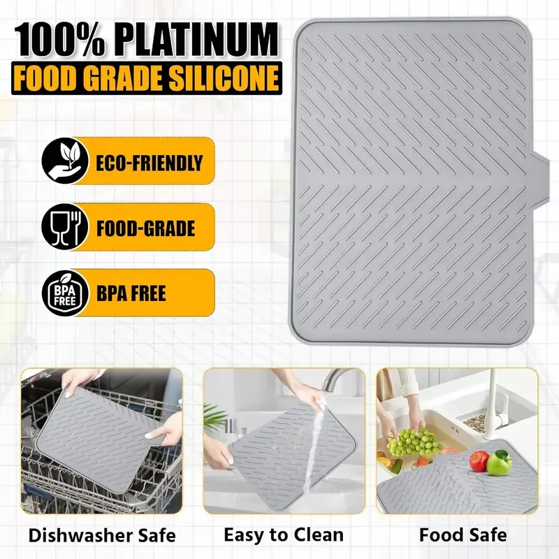 Silicone Large Size Dish Drying Mat with Built-in Drain Lip Dish Drainer Mats for Kitchen Counter Easy-Clean High