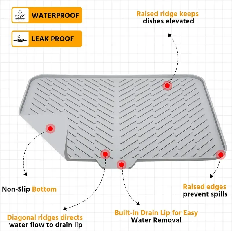 Silicone Large Size Dish Drying Mat with Built-in Drain Lip Dish Drainer Mats for Kitchen Counter Easy-Clean High