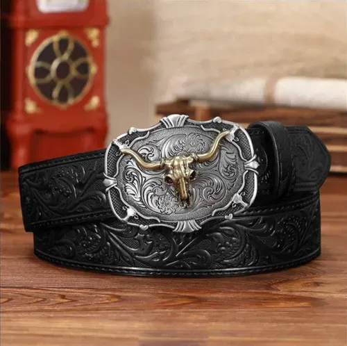 Retro leather belt for men with embossed bull head