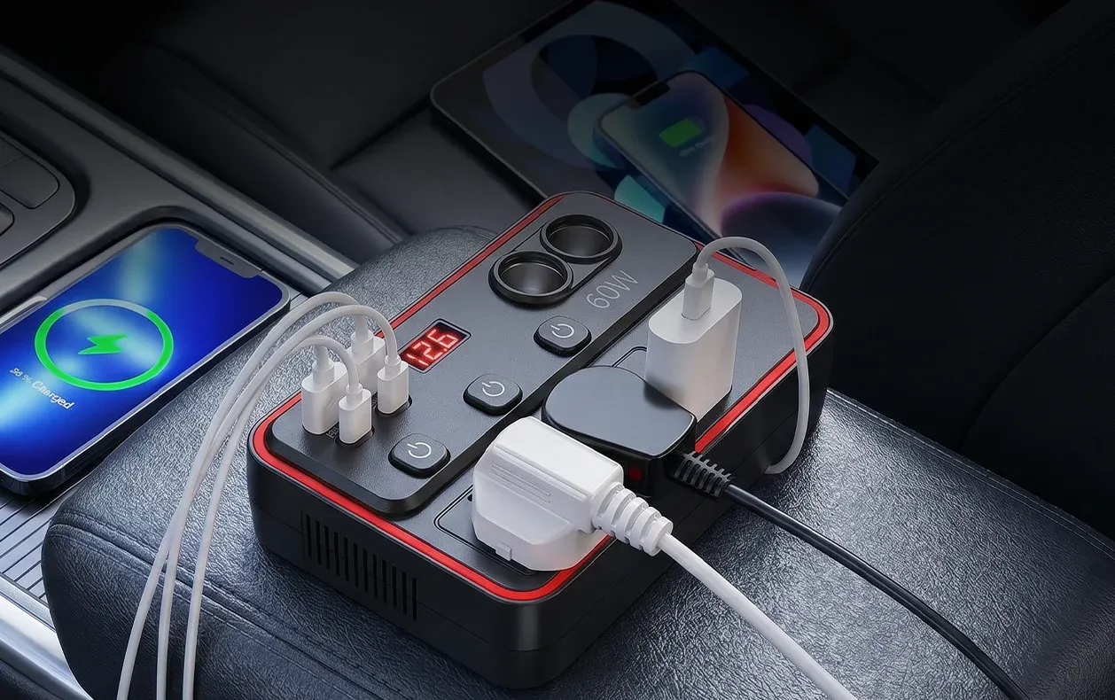 Multifunctional Car Charger with AC Outlets & USB