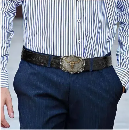 Retro leather belt for men with embossed bull head
