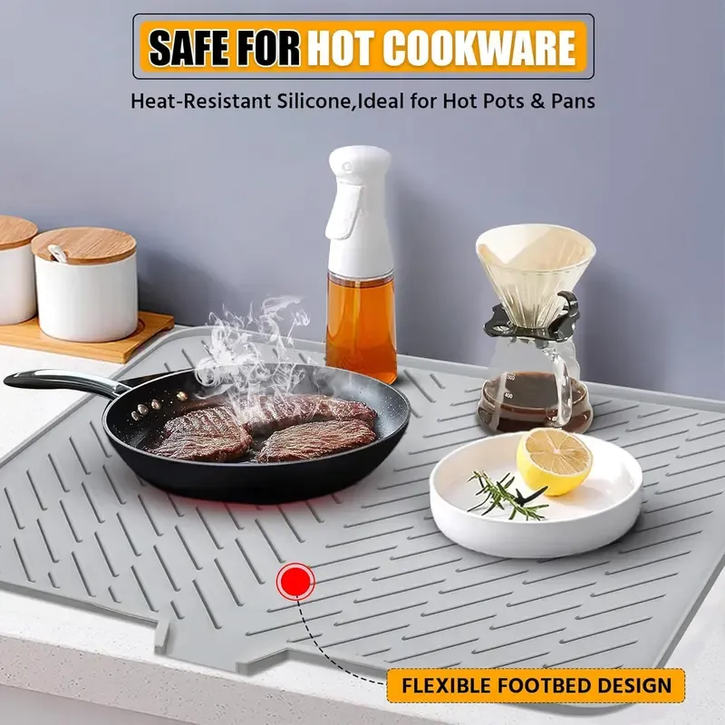 Silicone Large Size Dish Drying Mat with Built-in Drain Lip Dish Drainer Mats for Kitchen Counter Easy-Clean High