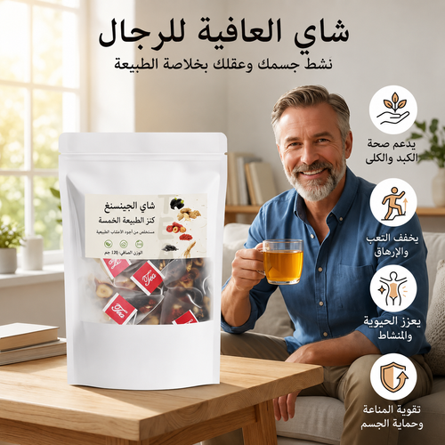 شاي الجنسنغ كنز الطبيعة الخمسة للرجال – مزيج طبيعي من التمر الأحمر وتوت الغوجي والتوت الأسود والأعشاب المختارة بعناية لدعم نمط حياة صحي ومتوازن.