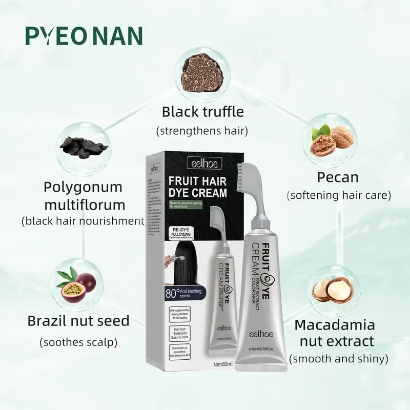 Fruit Hair Dye Cream with Comb for Grey Hair Coverage – Ammonia Free Hair Color Cream for Women & Men, Ready to Use No Mixing Needed, Long Lasting Non-Staining Fruit Essence Formula, 80ml