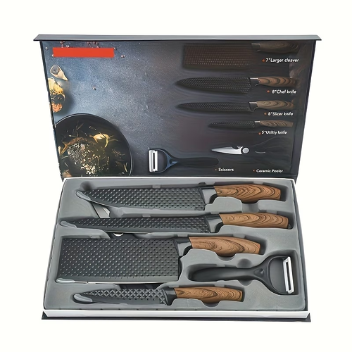 6pcs Wooden Handle Set, Black Professional Chef's Kitchen Knife Set with Scissors