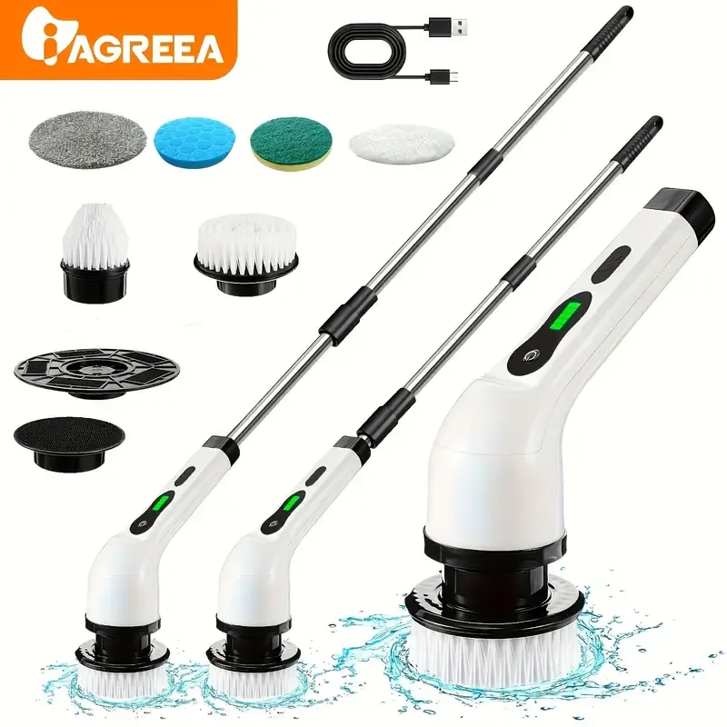 9in1 Cordless Electric Turbo Scrub Cleaning Brush Multifunctional Long Handle Spin Scrubber Bathroom Accessories