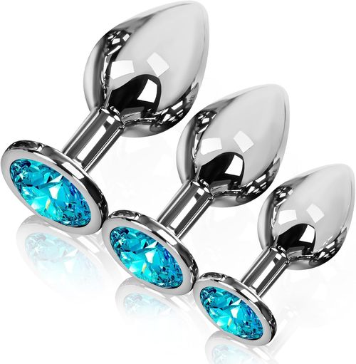 Anal Plug Beginner Set - COWINOE 3 PCS Jewel Butt Plugs Sex Toy Anal Training Kit- G Spot Anal Sex Adult Toy for Beginner Adult Unisex Women and Men Couple | Silver