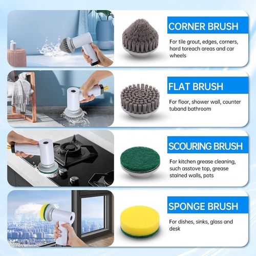 USB 5-in-1 Electric Cleaning Brush Cordless Rechargeable Rotary Scrubber with 4 Brush Heads for Kitchen Bathroom