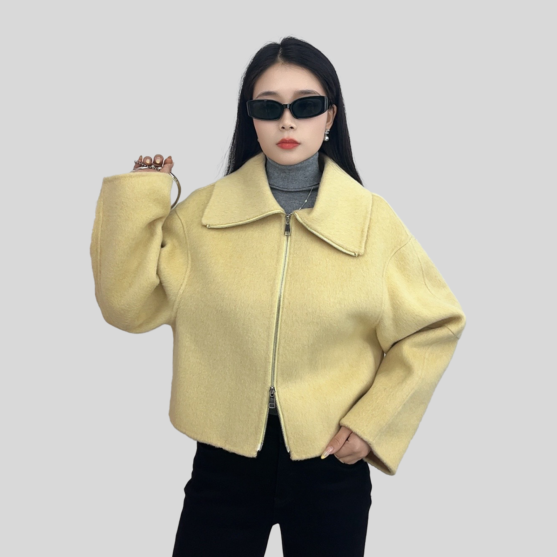 Fresh light yellow short woolen jacket