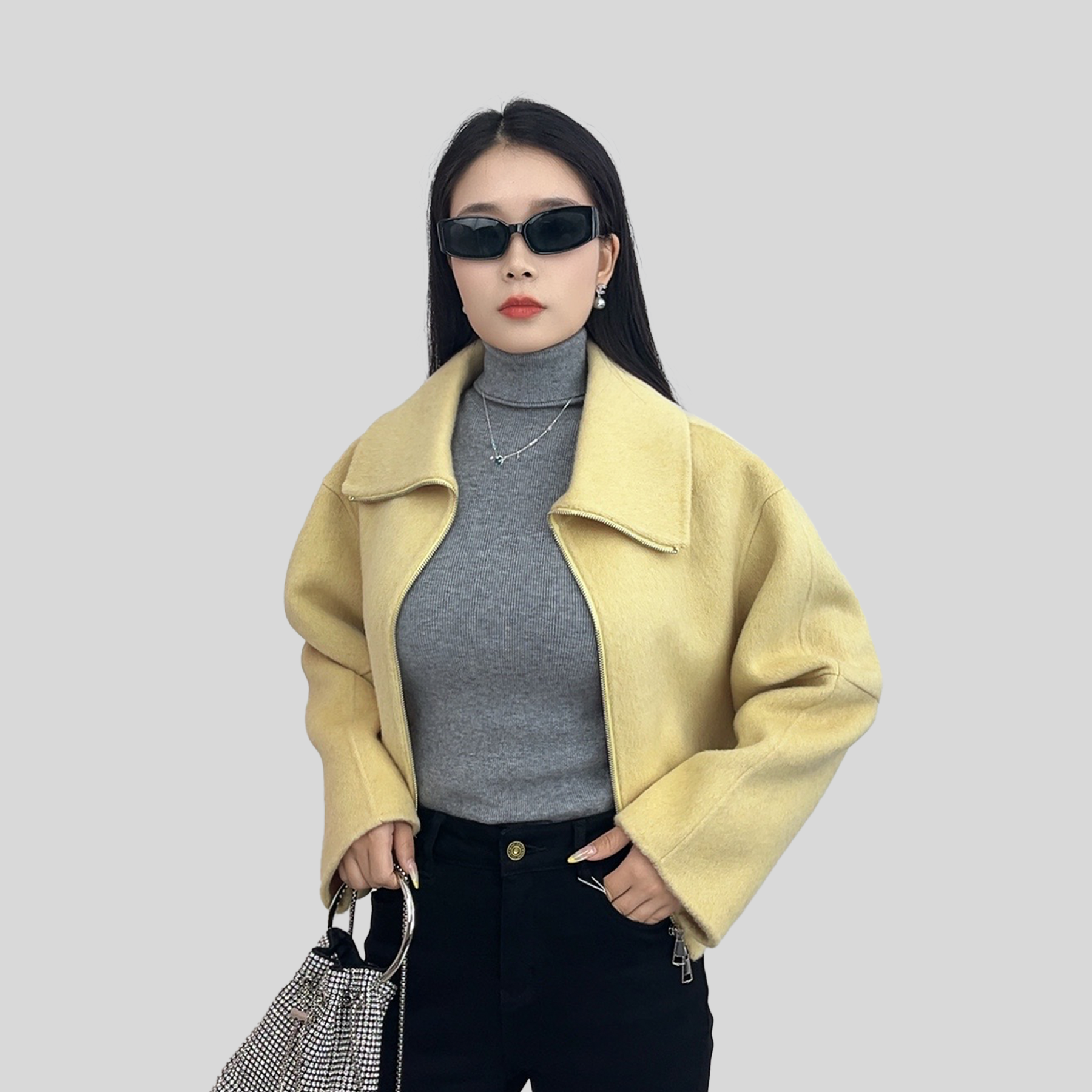 Fresh light yellow short woolen jacket