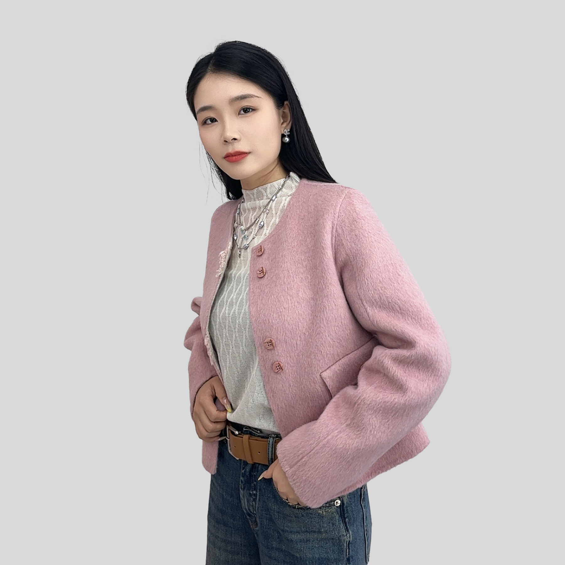 Sweet and elegant pink tweed short coat