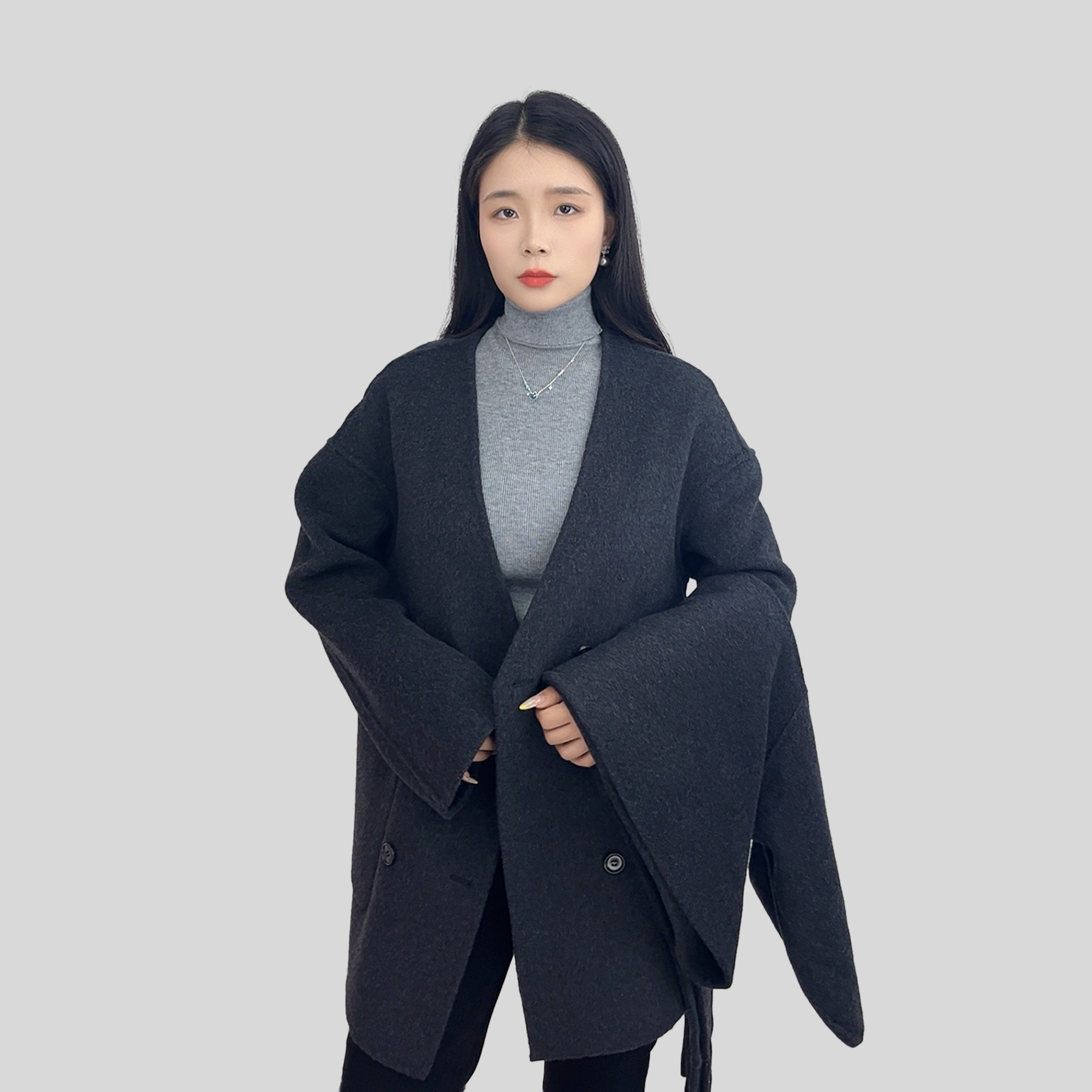 Black and gray wool scarf coat