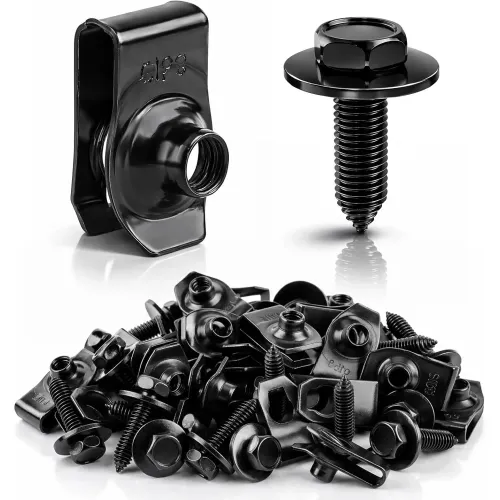 50Pcs One Quarter Inch Body Bolts and U Nut Clips Kit Universal Auto Fasteners for Bumper Fender Engine Cover