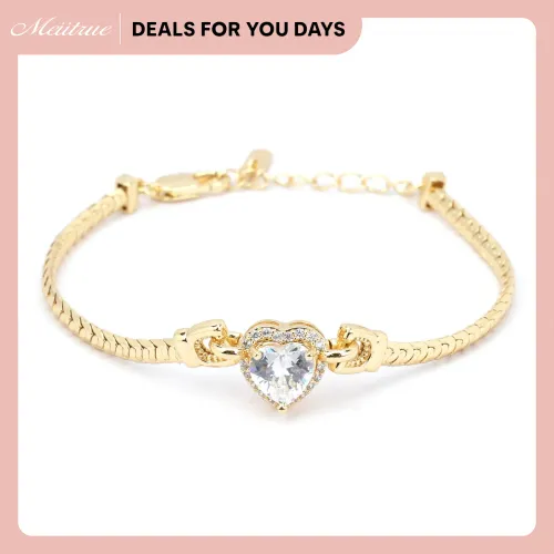 14K Gold Plated Snake Chain Bracelet, Dainty Heart Zirconia Women Fashion Promise Gift Bracelet