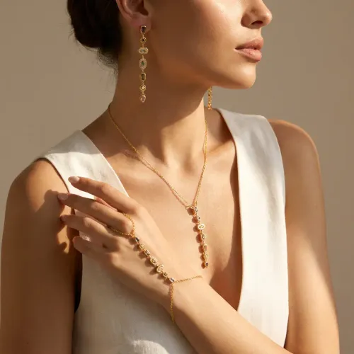 3 Pcs 14K Gold Plated Women Jewelry Set Cubic Zirconia Hand Chain Pave Gemstone Pendant Necklace