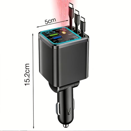 7-in-1 Retractable Car Charger LED Display 180° Adjustable Fast Charging