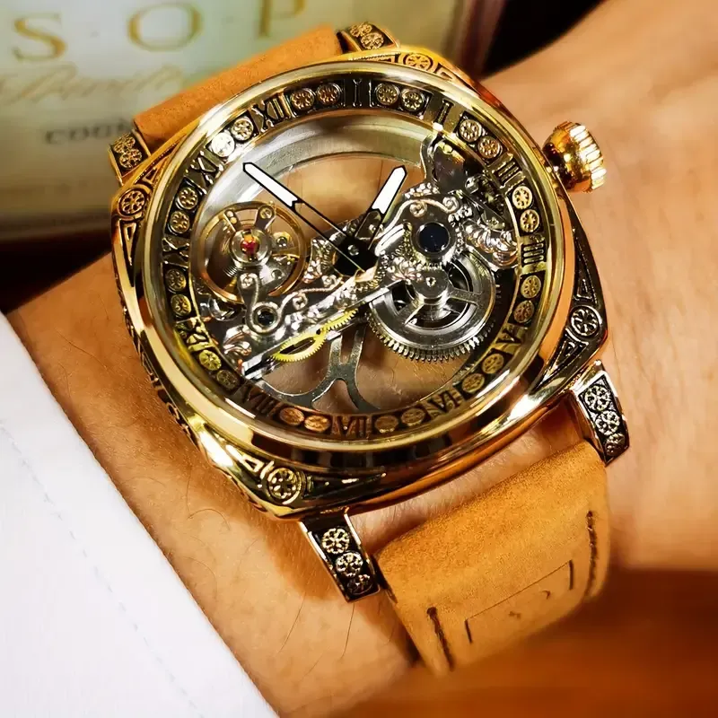 21Men's Fashion Luxury Square Single Bridge Hollow Automatic Mechanical Watch(男士时尚奢华方形单桥镂空自动机械表)