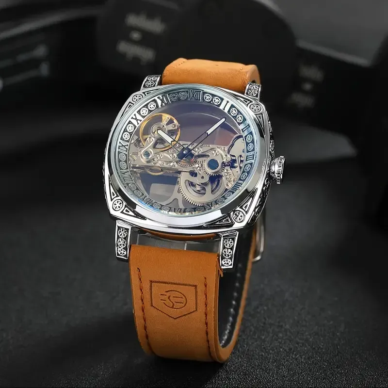 21Men's Fashion Luxury Square Single Bridge Hollow Automatic Mechanical Watch(男士时尚奢华方形单桥镂空自动机械表)