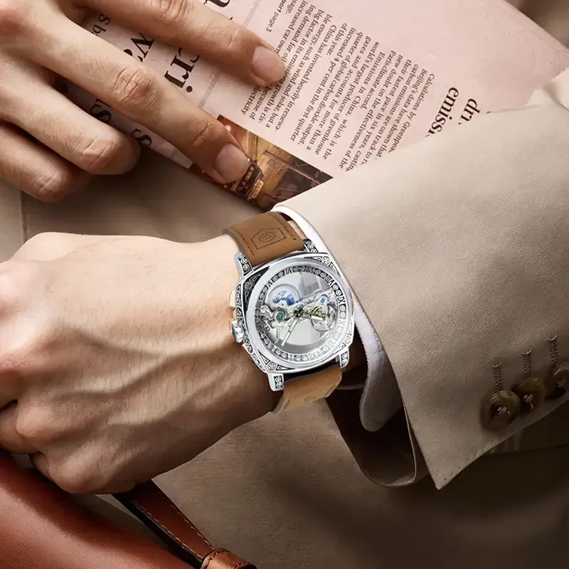 21Men's Fashion Luxury Square Single Bridge Hollow Automatic Mechanical Watch(男士时尚奢华方形单桥镂空自动机械表)