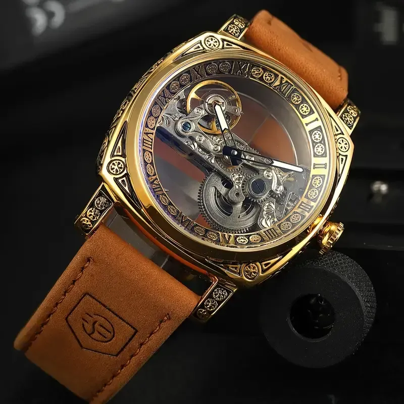 21Men's Fashion Luxury Square Single Bridge Hollow Automatic Mechanical Watch(男士时尚奢华方形单桥镂空自动机械表)