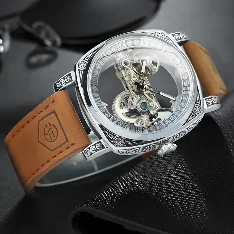 21Men's Fashion Luxury Square Single Bridge Hollow Automatic Mechanical Watch(男士时尚奢华方形单桥镂空自动机械表)