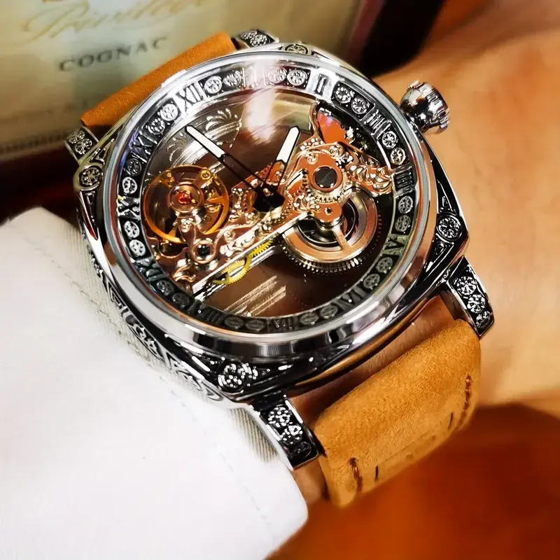 21Men's Fashion Luxury Square Single Bridge Hollow Automatic Mechanical Watch(男士时尚奢华方形单桥镂空自动机械表)