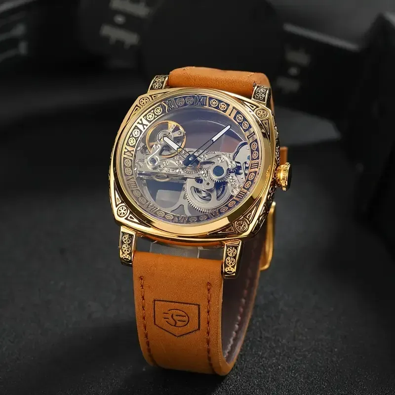 21Men's Fashion Luxury Square Single Bridge Hollow Automatic Mechanical Watch(男士时尚奢华方形单桥镂空自动机械表)
