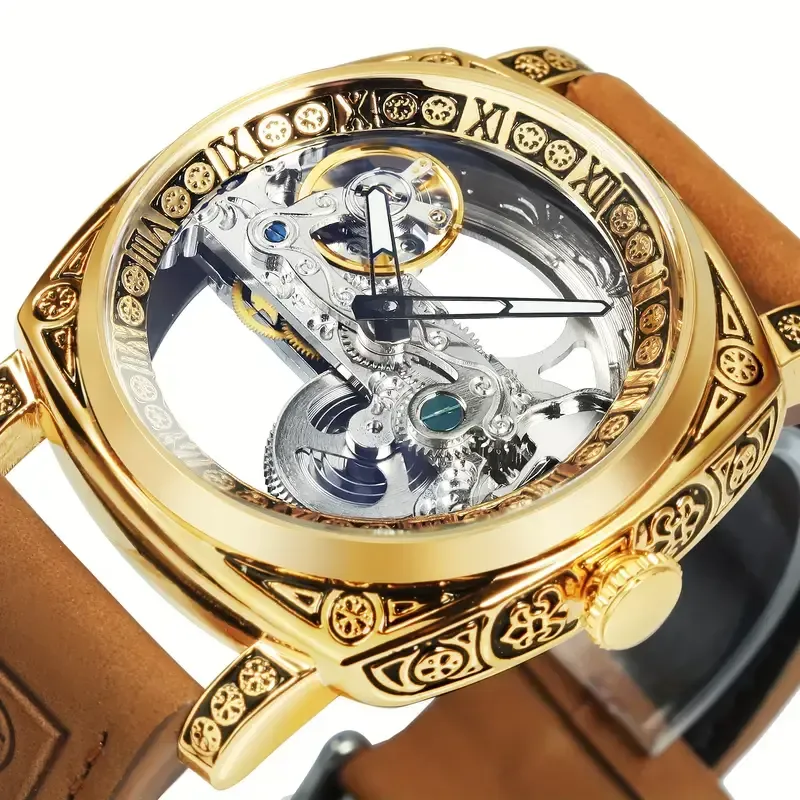 21Men's Fashion Luxury Square Single Bridge Hollow Automatic Mechanical Watch(男士时尚奢华方形单桥镂空自动机械表)