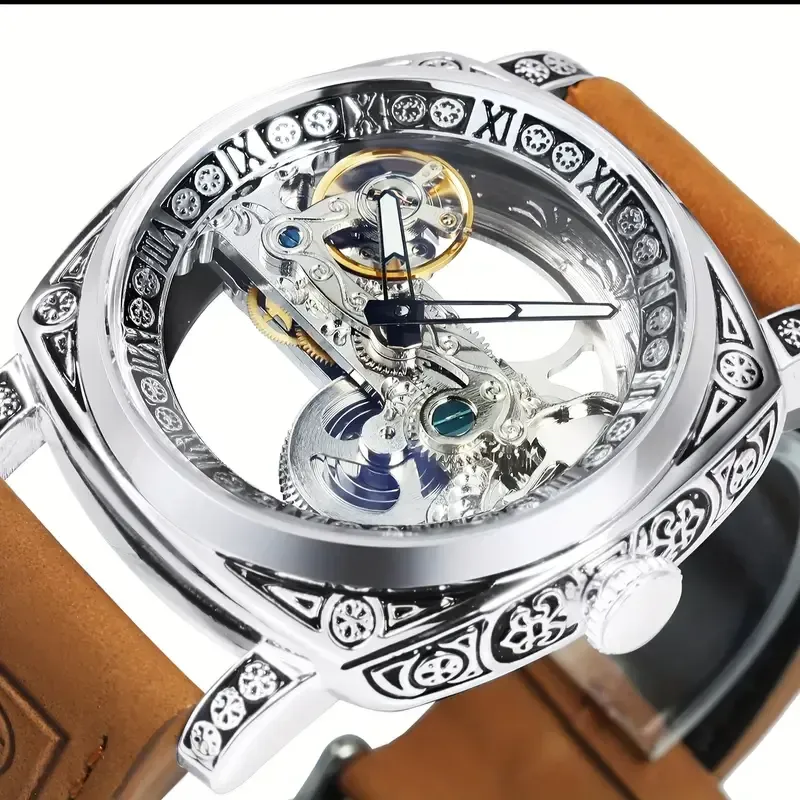 21Men's Fashion Luxury Square Single Bridge Hollow Automatic Mechanical Watch(男士时尚奢华方形单桥镂空自动机械表)