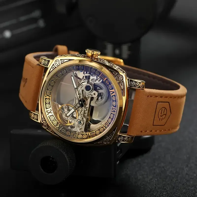 21Men's Fashion Luxury Square Single Bridge Hollow Automatic Mechanical Watch(男士时尚奢华方形单桥镂空自动机械表)