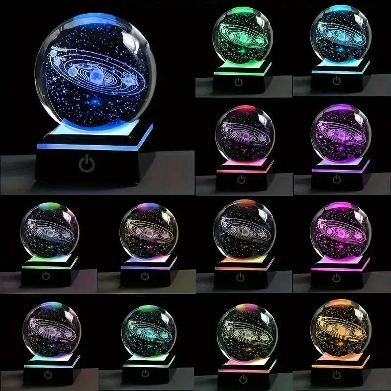 23 3D Solar System Crystal Ball with Color Changing Base