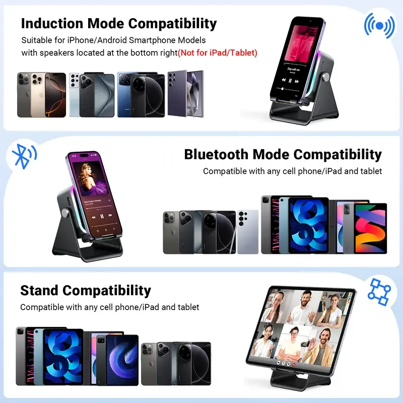 Wireless Induction Audio Speaker Stand, 5in1 Cellphone Holder