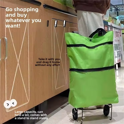 Large-capacity, foldable, portable wheeled shopping bag for home use.